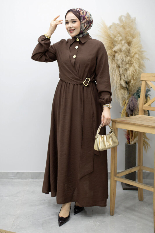 Yan Bağlamalı Toka Detaylı Elbise TSD260203 Kahverengi - 3