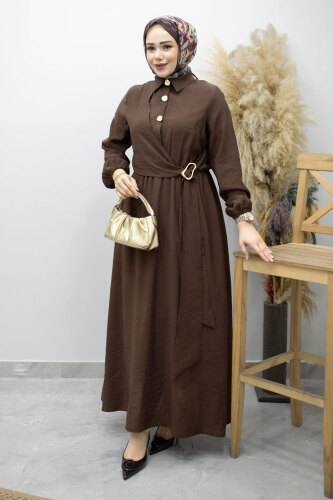 Yan Bağlamalı Toka Detaylı Elbise TSD260203 Kahverengi - 5