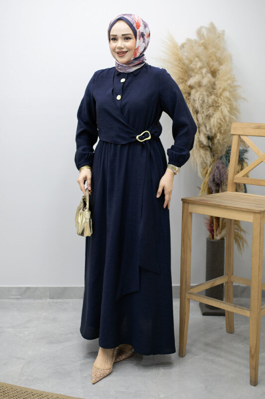 Yan Bağlamalı Toka Detaylı Elbise TSD260203 Lacivert - Tesettür Dünyası