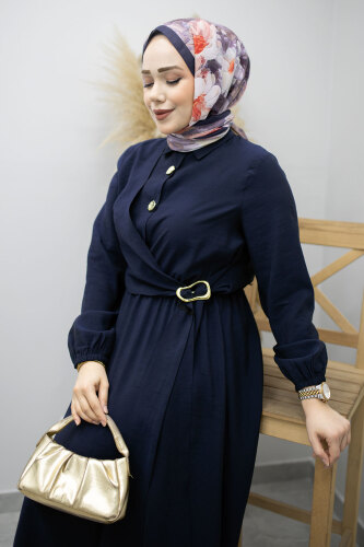 Yan Bağlamalı Toka Detaylı Elbise TSD260203 Lacivert - 2