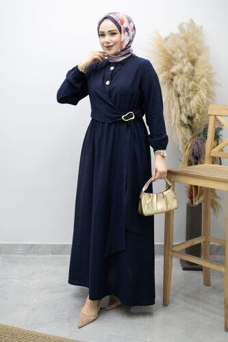 Yan Bağlamalı Toka Detaylı Elbise TSD260203 Lacivert - 3