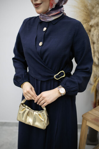 Yan Bağlamalı Toka Detaylı Elbise TSD260203 Lacivert - 4