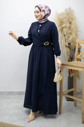 Yan Bağlamalı Toka Detaylı Elbise TSD260203 Lacivert - 5