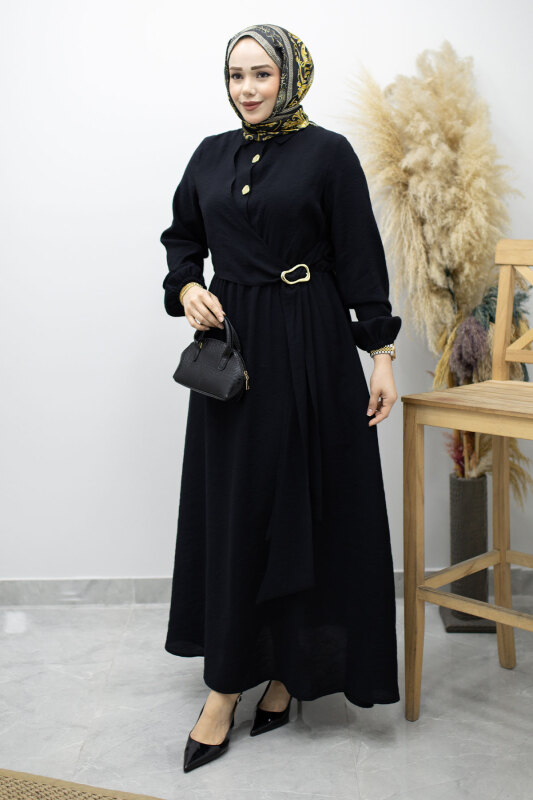 Yan Bağlamalı Toka Detaylı Elbise TSD260203 Siyah - Tesettür Dünyası