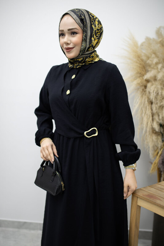 Yan Bağlamalı Toka Detaylı Elbise TSD260203 Siyah - Tesettür Dünyası (1)