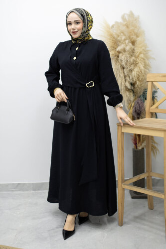 Yan Bağlamalı Toka Detaylı Elbise TSD260203 Siyah - 3