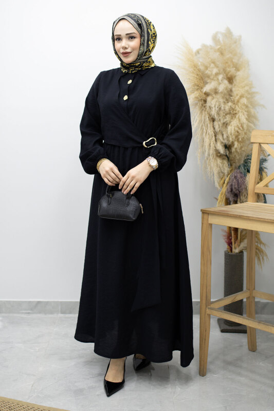 Yan Bağlamalı Toka Detaylı Elbise TSD260203 Siyah - 5