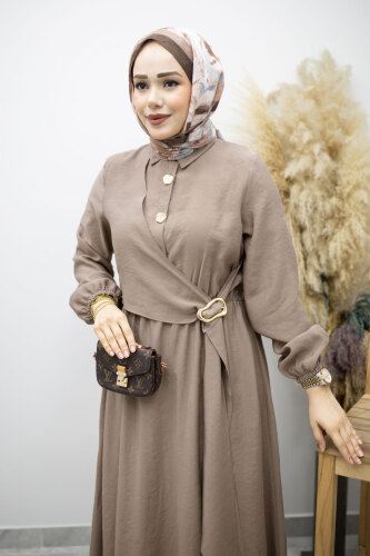 Yan Bağlamalı Toka Detaylı Elbise TSD260203 Vizon - 2