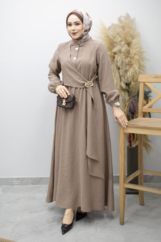 Yan Bağlamalı Toka Detaylı Elbise TSD260203 Vizon - 3