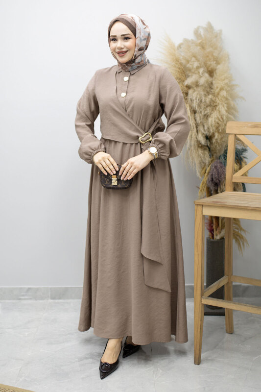 Yan Bağlamalı Toka Detaylı Elbise TSD260203 Vizon - 5