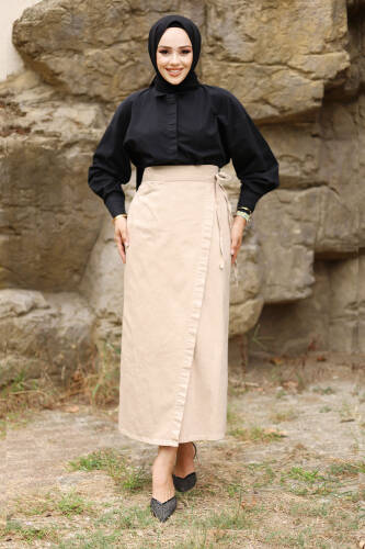 Yandan Bağlamalı Kot Etek TSD240615 Bej - Tesettür Dünyası