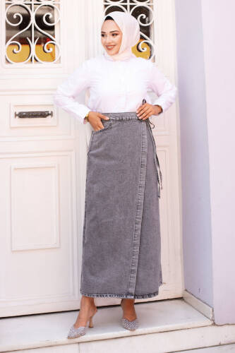 Yandan Bağlamalı Kot Etek TSD240615 Gri 