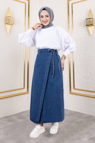 Yandan Bağlamalı Kot Etek TSD240615 Koyu Mavi - Tesettür Dünyası
