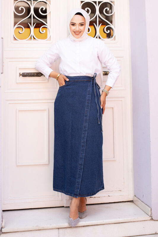 Yandan Bağlamalı Kot Etek TSD240615 Mavi - 1