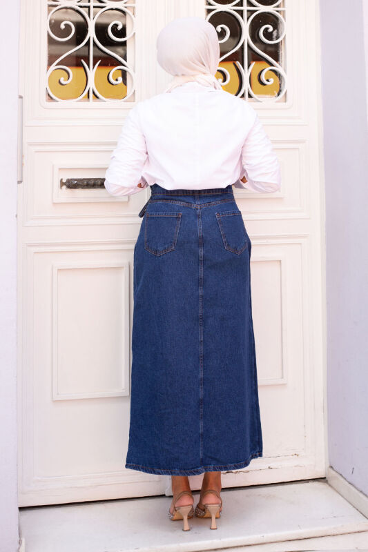 Yandan Bağlamalı Kot Etek TSD240615 Mavi - 5