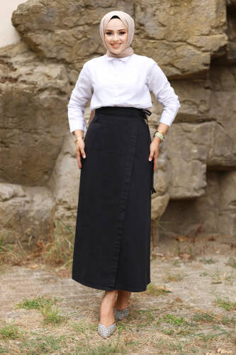 Yandan Bağlamalı Kot Etek TSD240615 Siyah - Tesettür Dünyası
