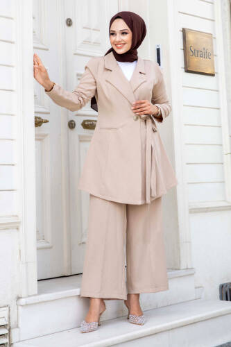 Yandan Bağlamalı Kruvaze Yaka Ceketli Takım TSD240230 Bej 