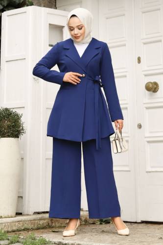 Yandan Bağlamalı Kruvaze Yaka Ceketli Takım TSD240230 İndigo - 3
