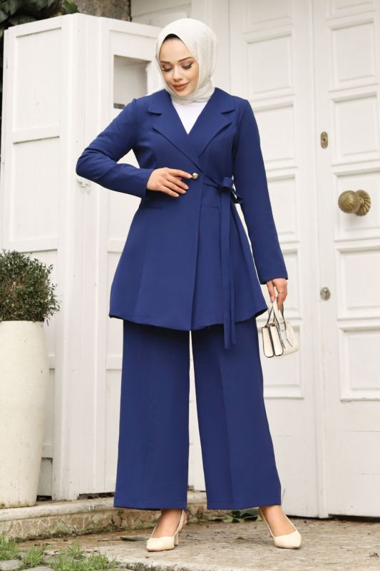Yandan Bağlamalı Kruvaze Yaka Ceketli Takım TSD240230 İndigo - 3
