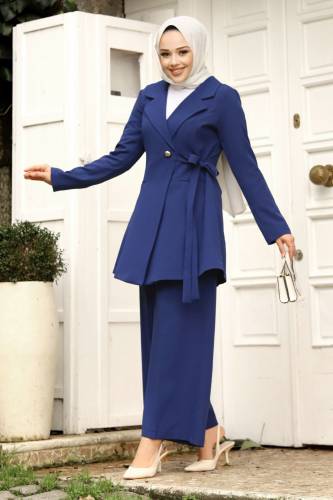 Yandan Bağlamalı Kruvaze Yaka Ceketli Takım TSD240230 İndigo - 4