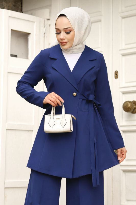 Yandan Bağlamalı Kruvaze Yaka Ceketli Takım TSD240230 İndigo - 2