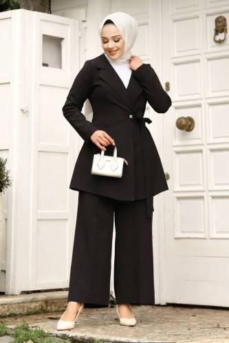 Yandan Bağlamalı Kruvaze Yaka Ceketli Takım TSD240230 Siyah - Tesettür Dünyası