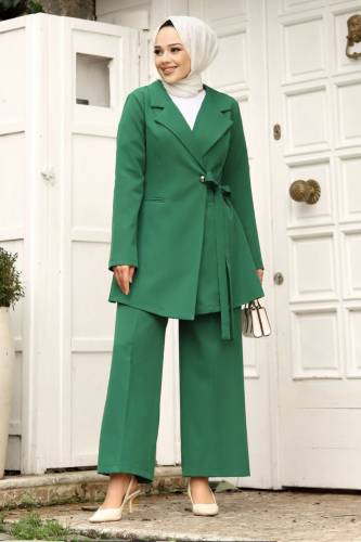 Yandan Bağlamalı Kruvaze Yaka Ceketli Takım TSD240230 Zümrüt Yeşili 