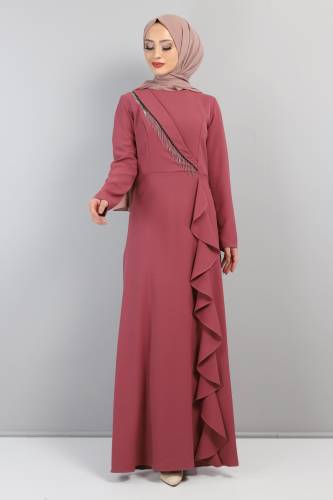 Yandan Fırfırlı Elbise TSD220435 Gül Kurusu 