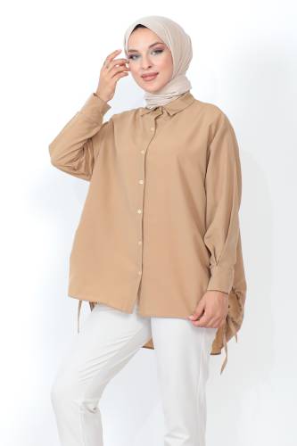 Yanı Büzgülü Tunik TSD230902 Camel - Tesettür Dünyası (1)