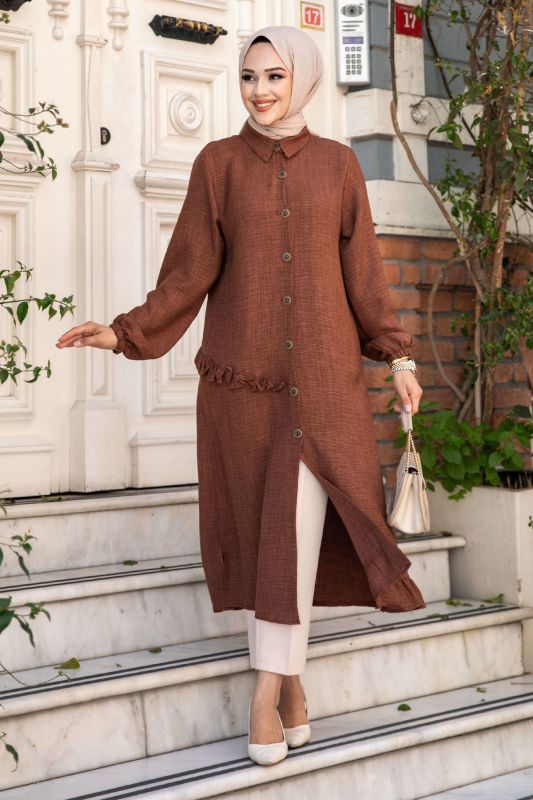 Yanı Fırfır Detaylı Düğmeli Keten Tunik TSD240506 Kahverengi - 3