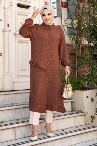 Yanı Fırfır Detaylı Düğmeli Keten Tunik TSD240506 Kahverengi - 4