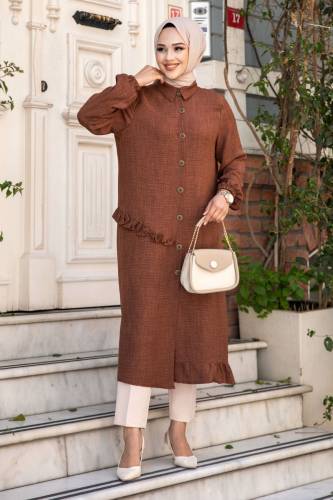Yanı Fırfır Detaylı Düğmeli Keten Tunik TSD240506 Kahverengi - 1