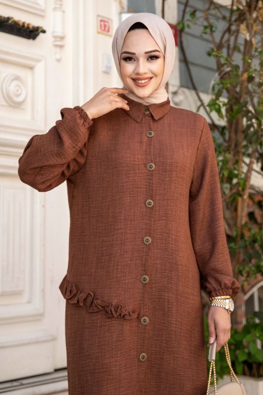 Yanı Fırfır Detaylı Düğmeli Keten Tunik TSD240506 Kahverengi - 2