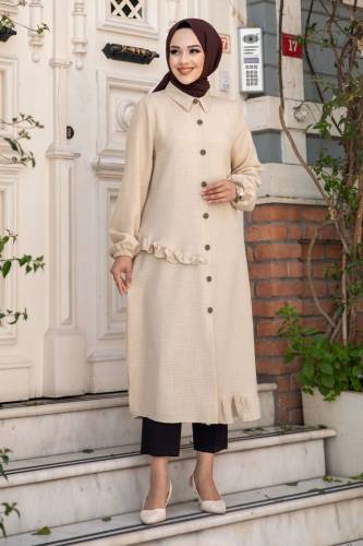 Yanı Fırfır Detaylı Düğmeli Keten Tunik TSD240506 Bej - 3