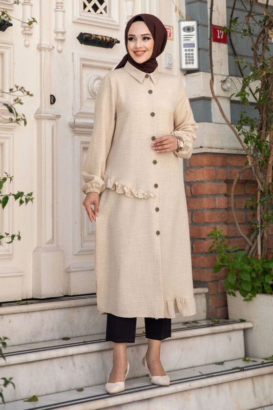 Yanı Fırfır Detaylı Düğmeli Keten Tunik TSD240506 Bej - 3