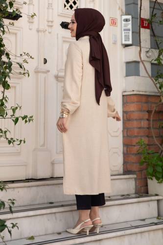 Yanı Fırfır Detaylı Düğmeli Keten Tunik TSD240506 Bej - 5