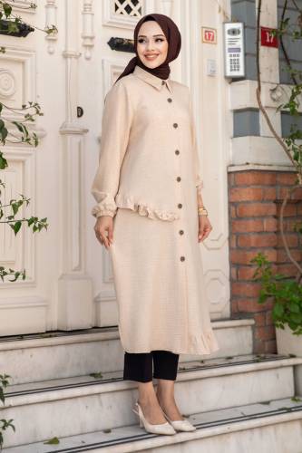 Yanı Fırfır Detaylı Düğmeli Keten Tunik TSD240506 Bej - 4