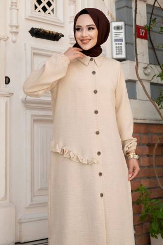 Yanı Fırfır Detaylı Düğmeli Keten Tunik TSD240506 Bej - 2