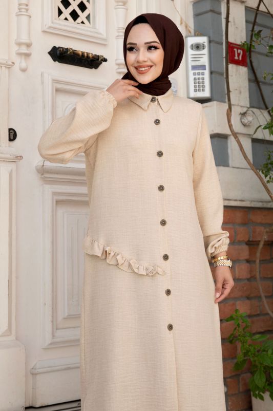 Yanı Fırfır Detaylı Düğmeli Keten Tunik TSD240506 Bej - 2