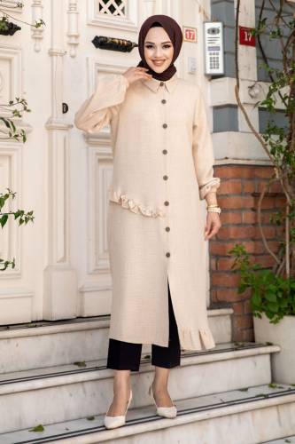 Yanı Fırfır Detaylı Düğmeli Keten Tunik TSD240506 Bej 