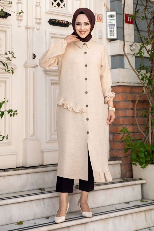 Yanı Fırfır Detaylı Düğmeli Keten Tunik TSD240506 Bej - 1