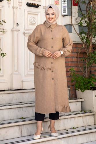 Yanı Fırfır Detaylı Düğmeli Keten Tunik TSD240506 Camel 