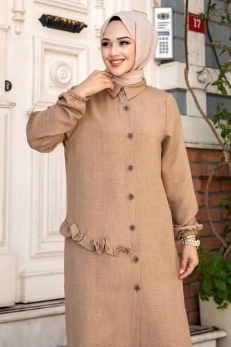 Yanı Fırfır Detaylı Düğmeli Keten Tunik TSD240506 Camel - Tesettür Dünyası (1)