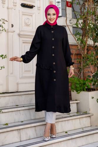 Yanı Fırfır Detaylı Düğmeli Keten Tunik TSD240506 Siyah 