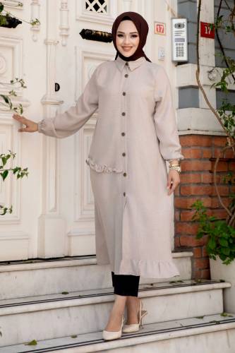 Yanı Fırfır Detaylı Düğmeli Keten Tunik TSD240506 Taş Rengi 