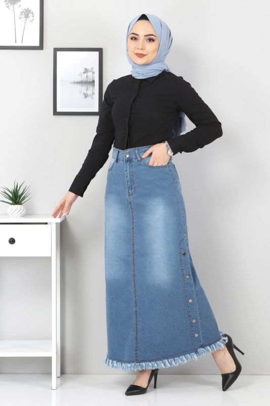 Yanları Çakımlı Kot Etek TSD22019 Açık Mavi - 2