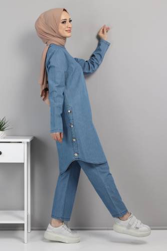 Yanları Düğmeli İkili Kot Takım TSD220512 Açık Mavi 