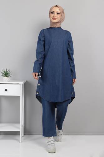 Yanları Düğmeli İkili Kot Takım TSD220512 Koyu Mavi - 1