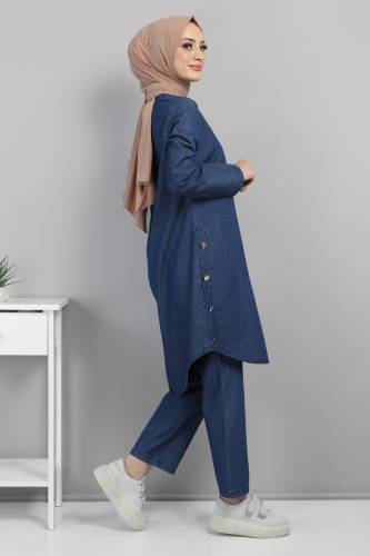 Yanları Düğmeli İkili Kot Takım TSD220512 Koyu Mavi - 3