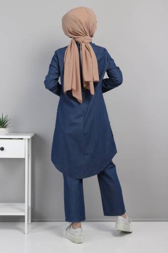 Yanları Düğmeli İkili Kot Takım TSD220512 Koyu Mavi - 4